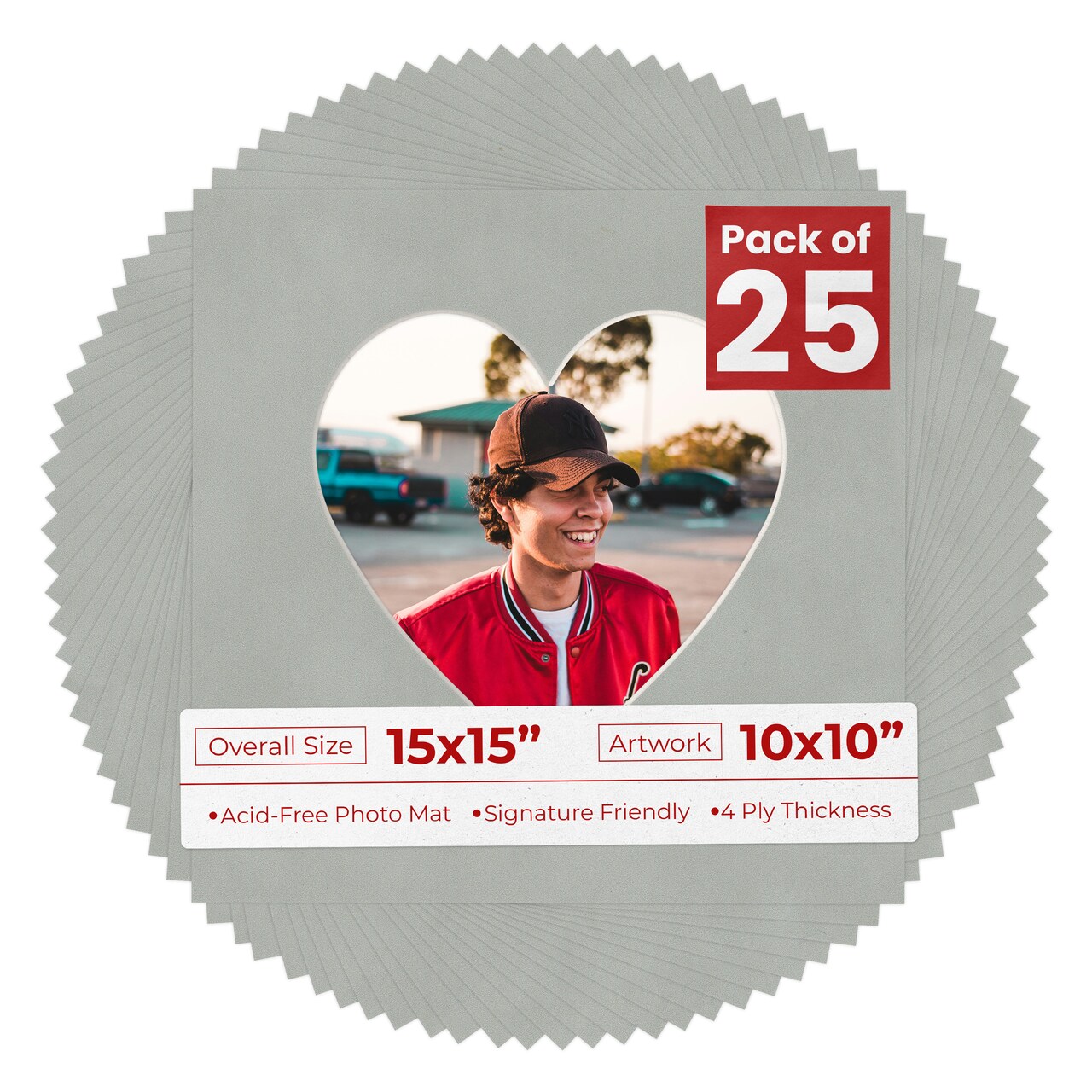 Light Grey Suede Mat Board for 15x15 Frames - Heart Opening for 10x10 Photos